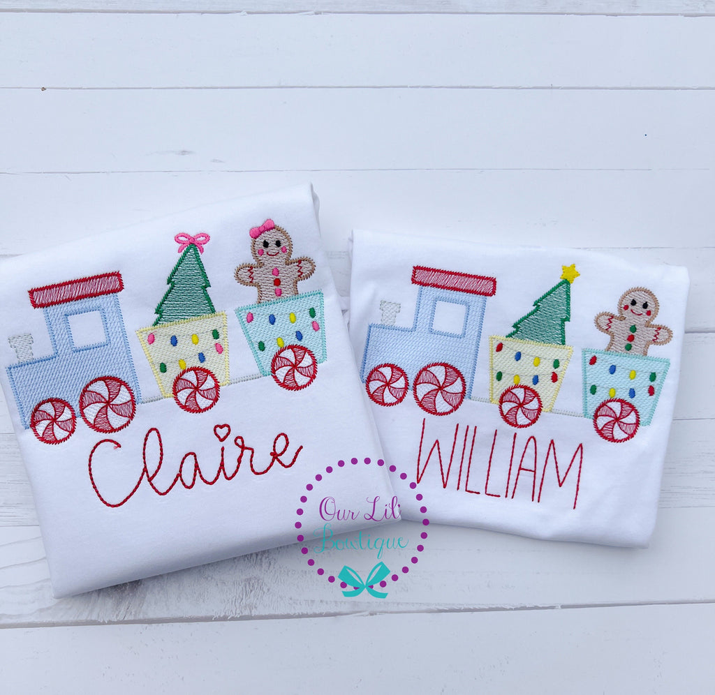 Gingerbread Train Christmas Shirt: Embroidered Holiday Raglan
