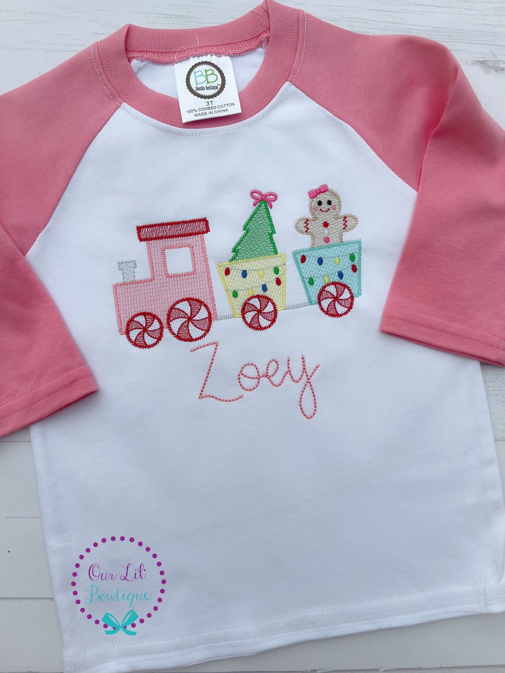 Gingerbread Train Christmas Shirt: Embroidered Holiday Raglan