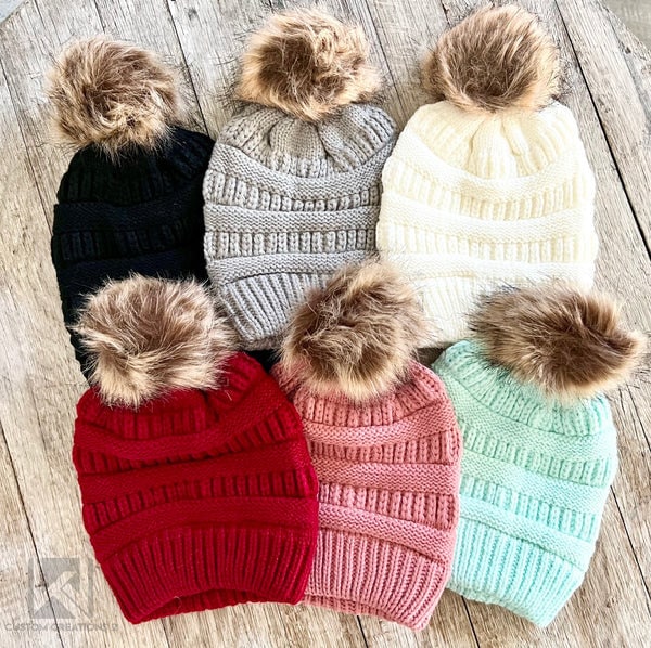 Personalized Beanie - Kids Beanie - Leather Patch - Gymnastics - Engraved Matching Beanie - Faux Leather Patch - Girls Pom Pom Beanie