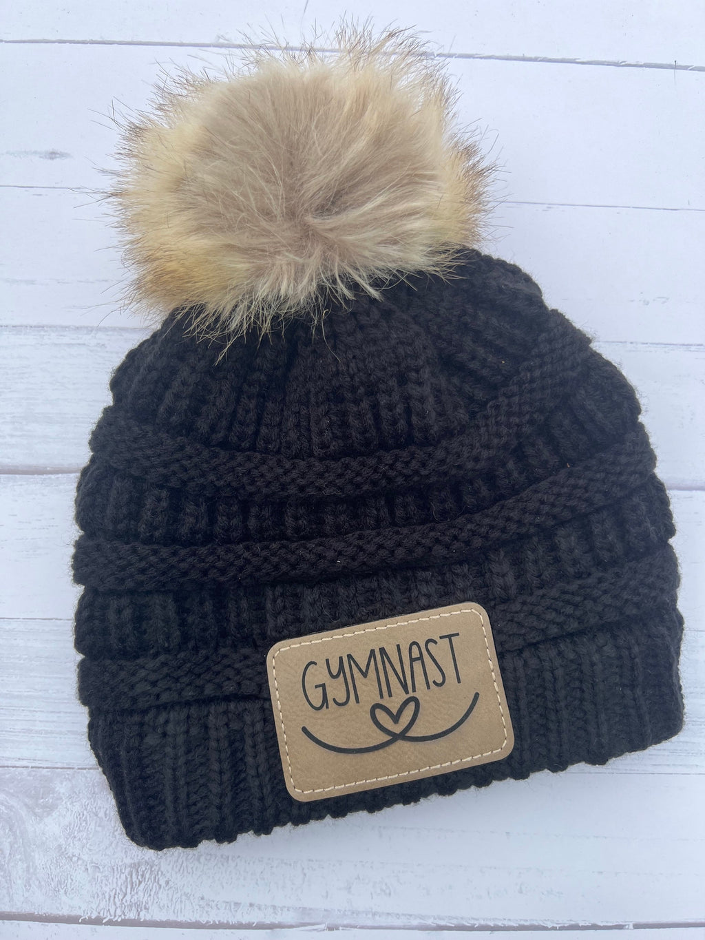 Personalized Beanie - Kids Beanie - Leather Patch - Gymnastics - Engraved Matching Beanie - Faux Leather Patch - Girls Pom Pom Beanie