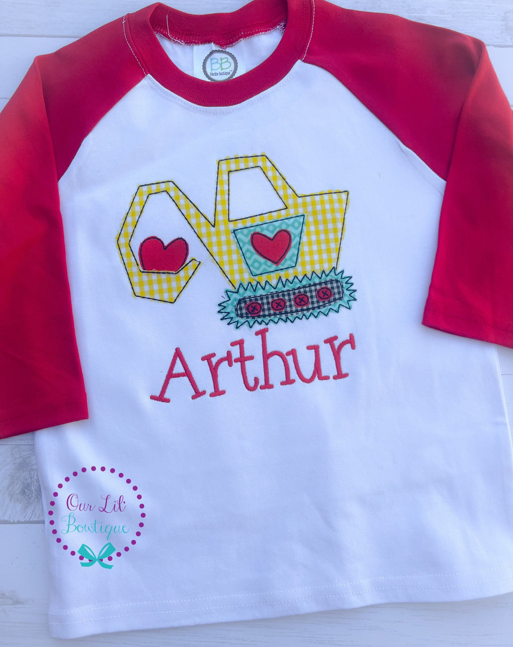 Personalized Valentine's Day Excavator Shirt - Embroidered Raglan