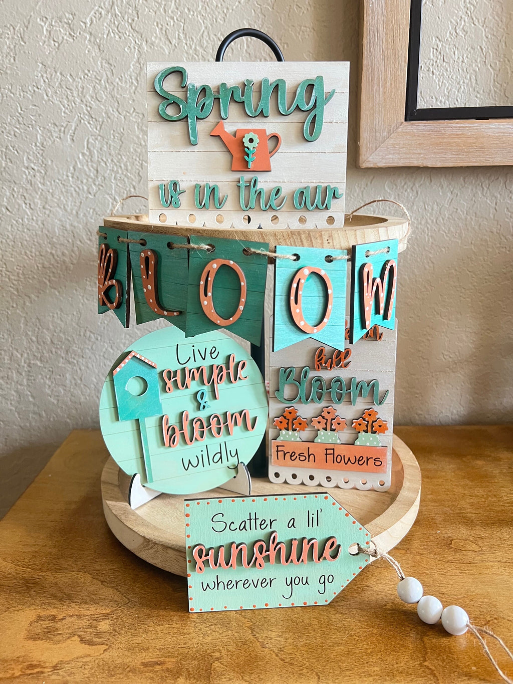 Spring Tiered Tray Decor - Farmhouse Easter Tiered Tray Set - Spring Decor - Flowers - Teal and Peach