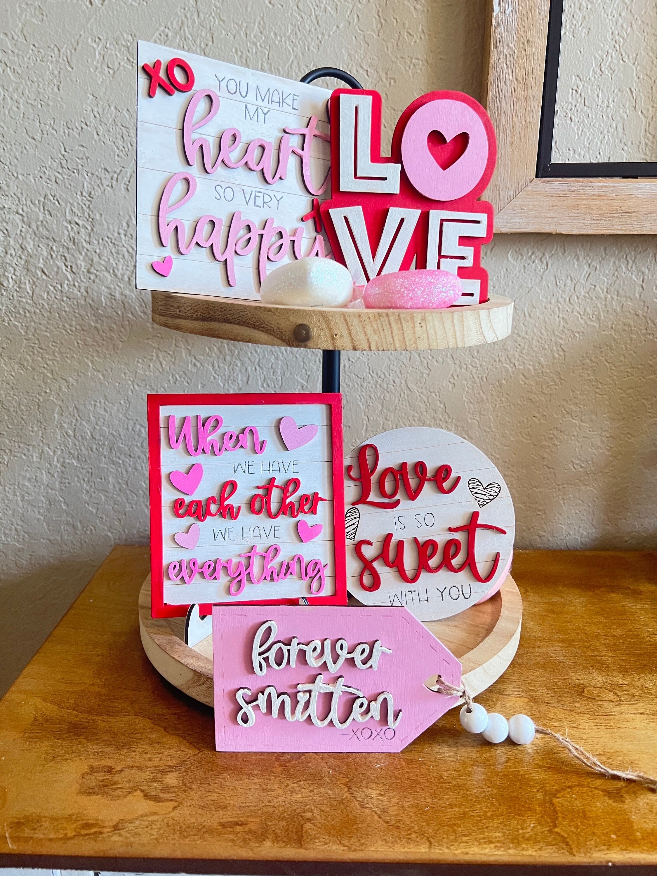 Valentine Tiered Tray Bundle - Farmhouse Valentine's Day Tray Set - Hearts - Valentine Decor - Pink and Red Decor
