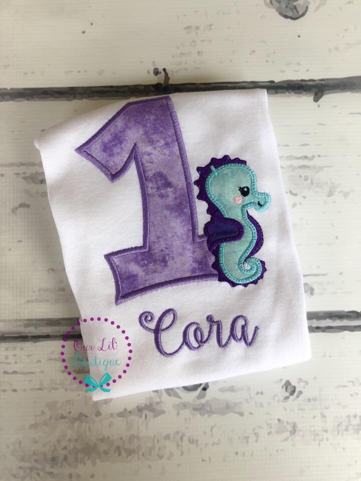 Seahorse Birthday Shirt- Personalized Birthday Shirt - Personalized Seahorse - 1st Birthday Outfit - Lavender & Aqua - Under the Sea