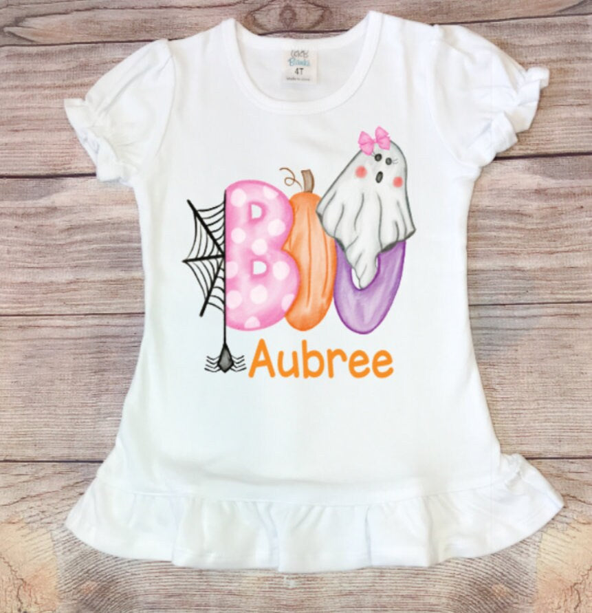 Personalized Girls Halloween Shirt: BOO Ghost Pumpkin Design