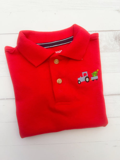 Christmas Tractor Polo Shirt -Embroidered Tree - Personalized Monogram
