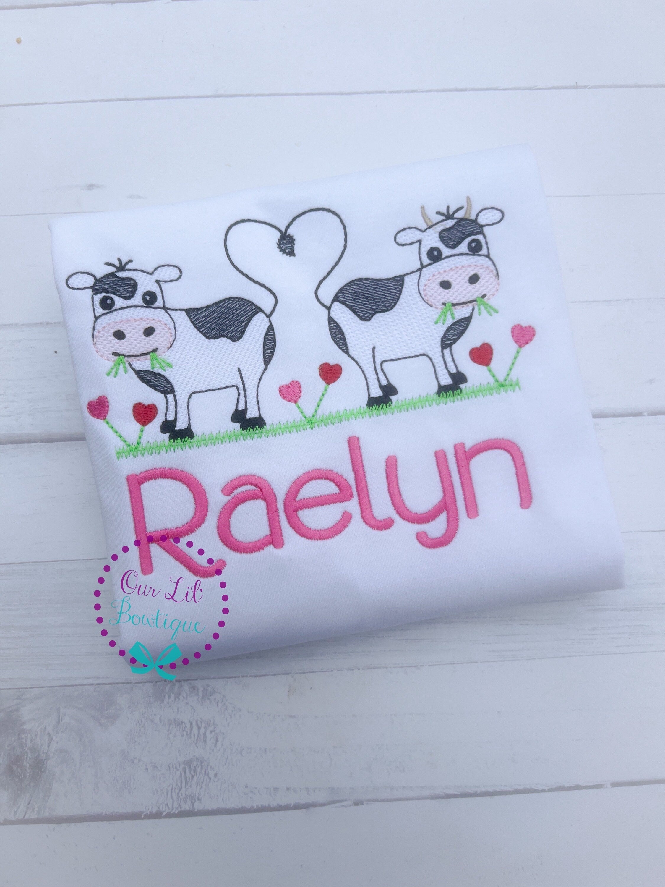 Girls Personalized Valentine Cow Embroidery Shirt