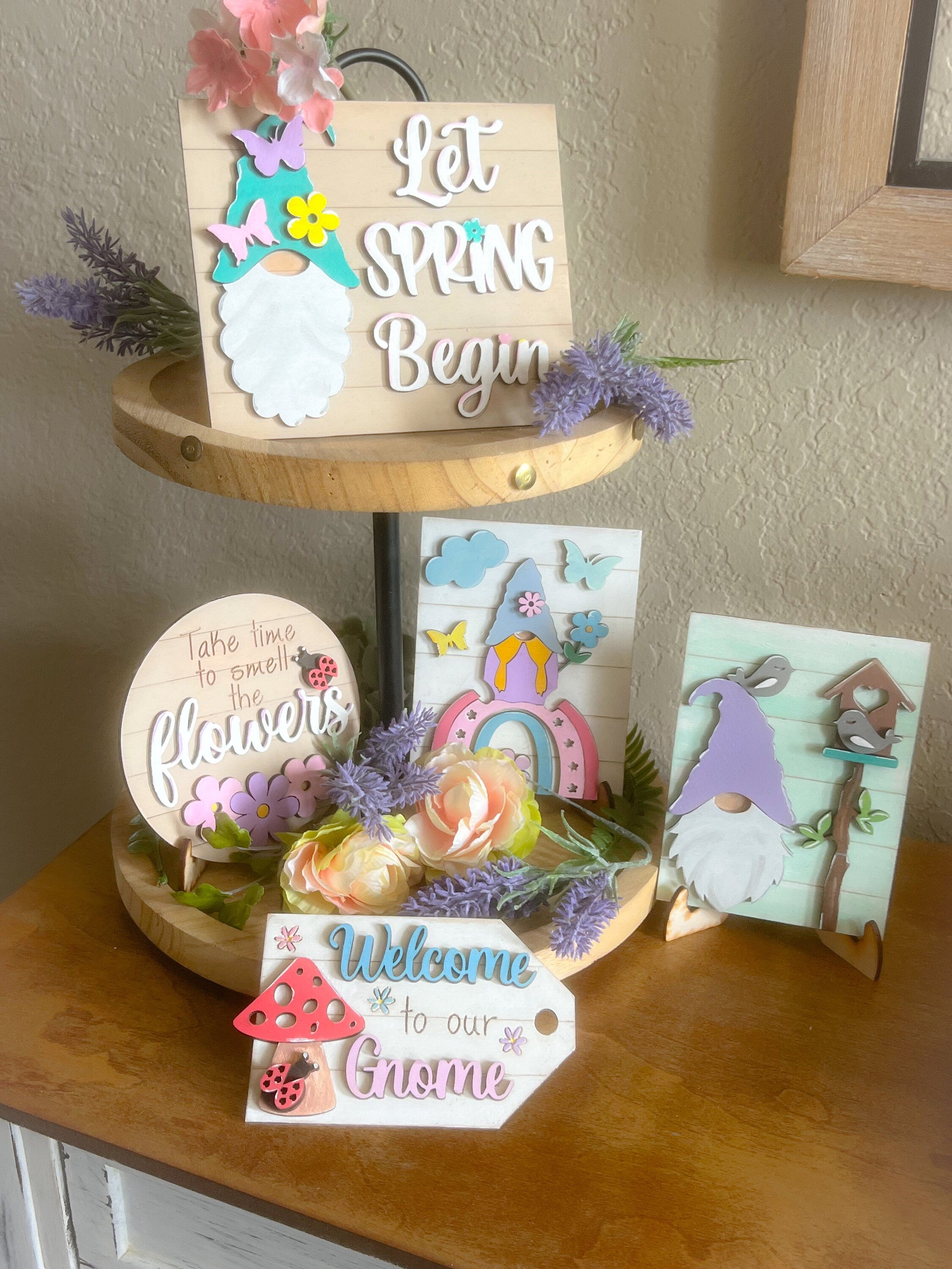 Gnome Spring Tiered Tray Decor - Farmhouse Easter Tiered Tray Set - Spring Decor