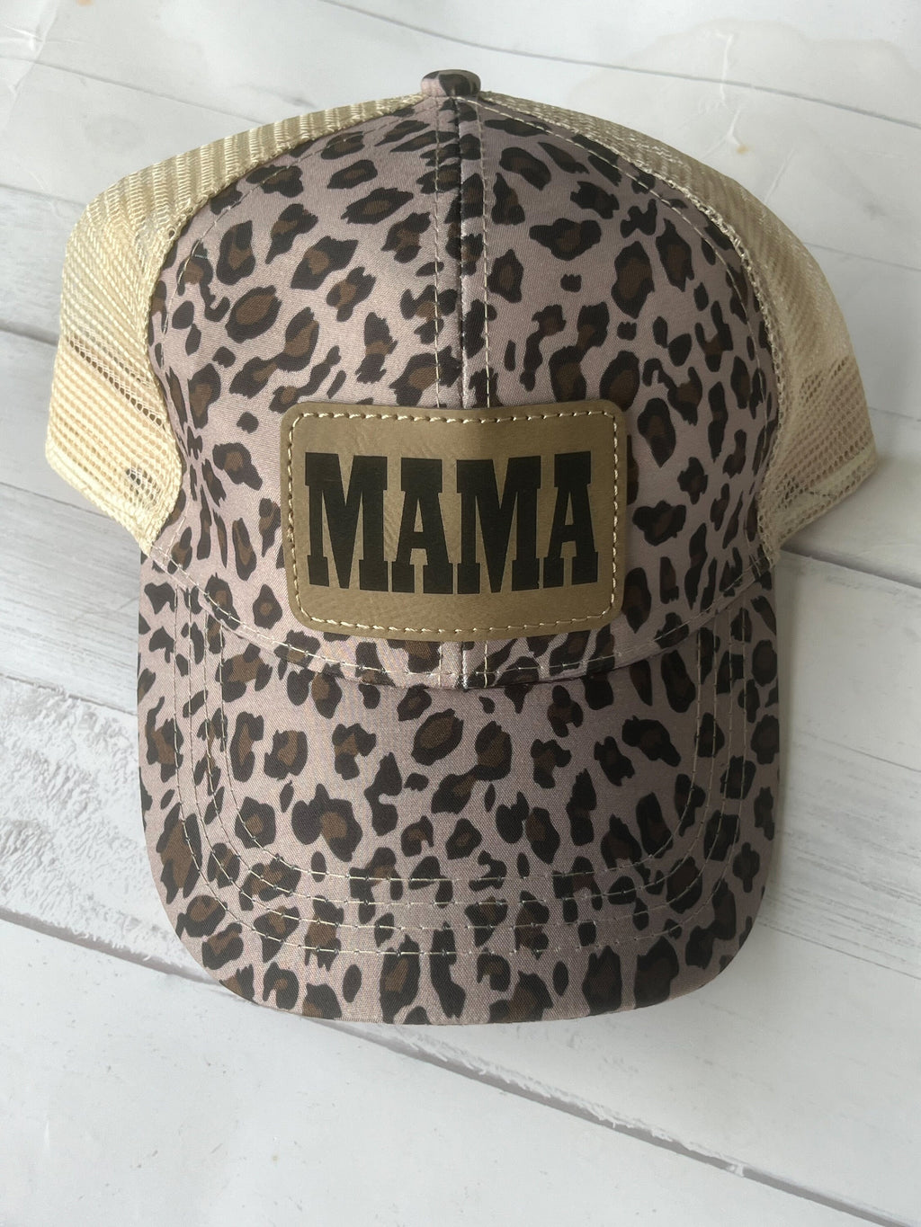 Mama Baseball Hat - Personalized Hat - Trucker Hat - Leather Patch - Fathers Day Gift - Custom Hat - Leopard Hat - Ponytail Cap