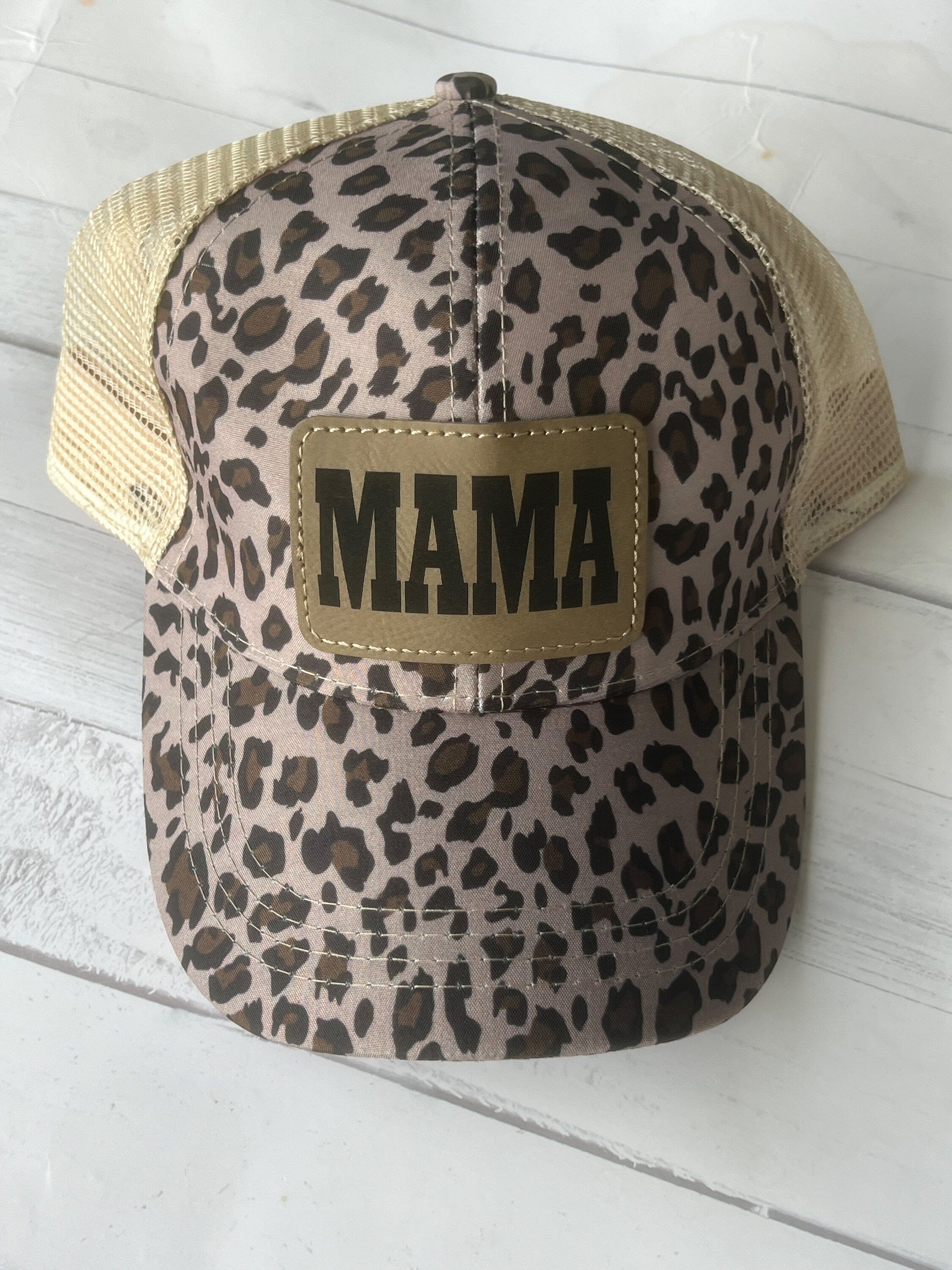 Mama Baseball Hat - Personalized Hat - Trucker Hat - Leather Patch - Fathers Day Gift - Custom Hat - Leopard Hat - Ponytail Cap