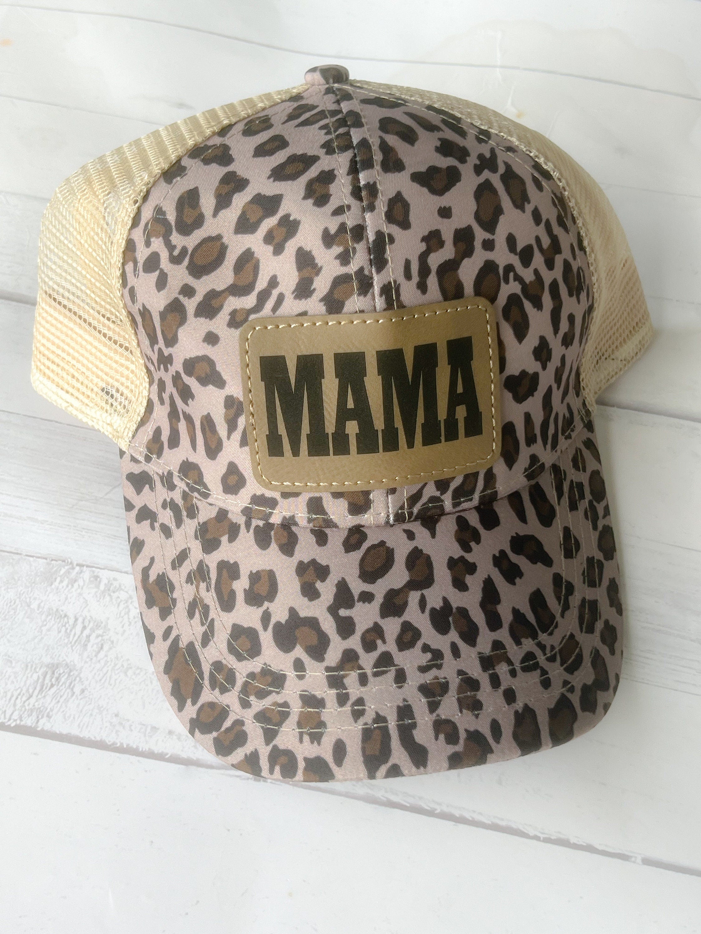 Mama Baseball Hat - Personalized Hat - Trucker Hat - Leather Patch - Fathers Day Gift - Custom Hat - Leopard Hat - Ponytail Cap