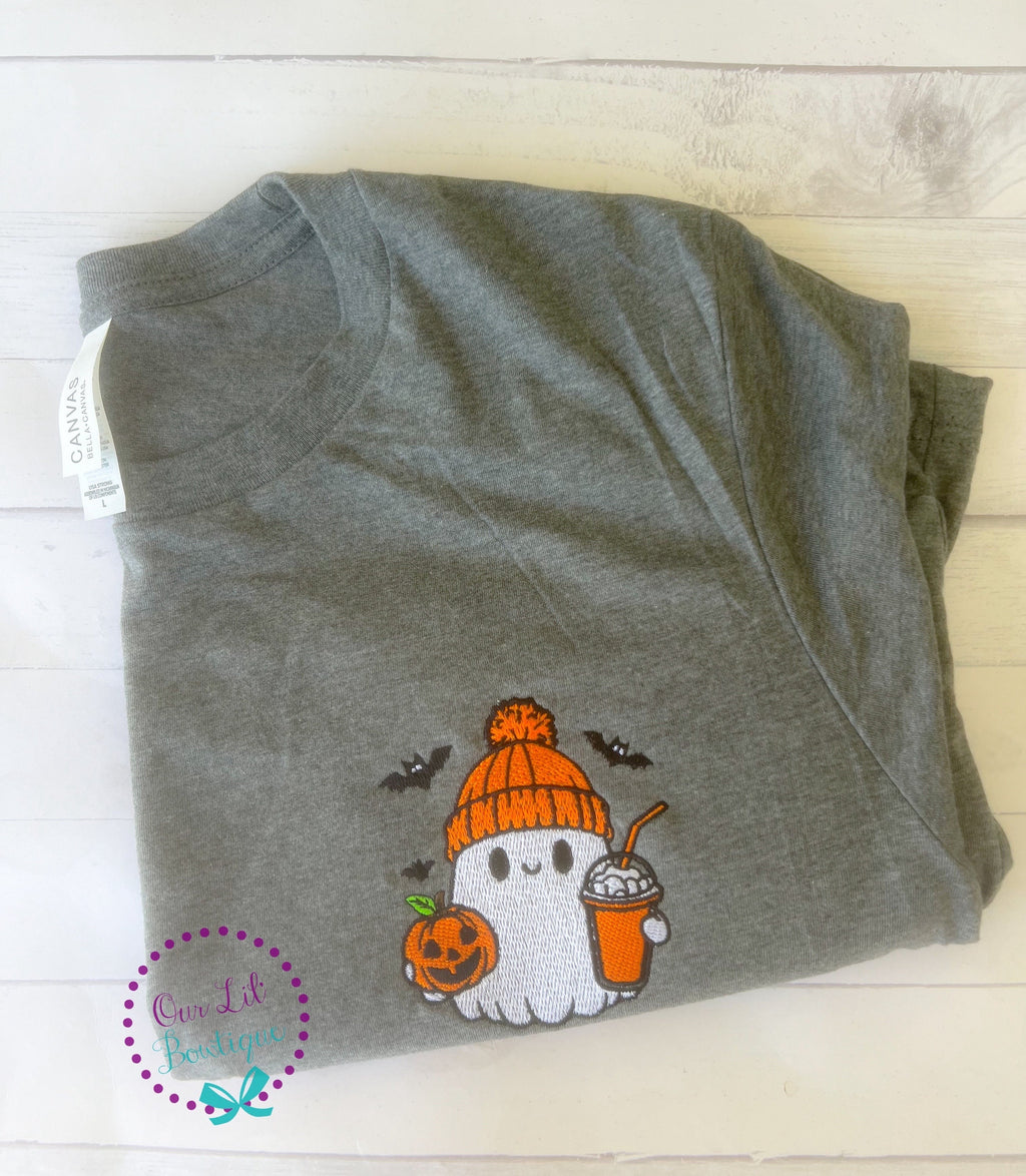 Embroidered Ghost with Coffee T-Shirt - Halloween Fall Tee