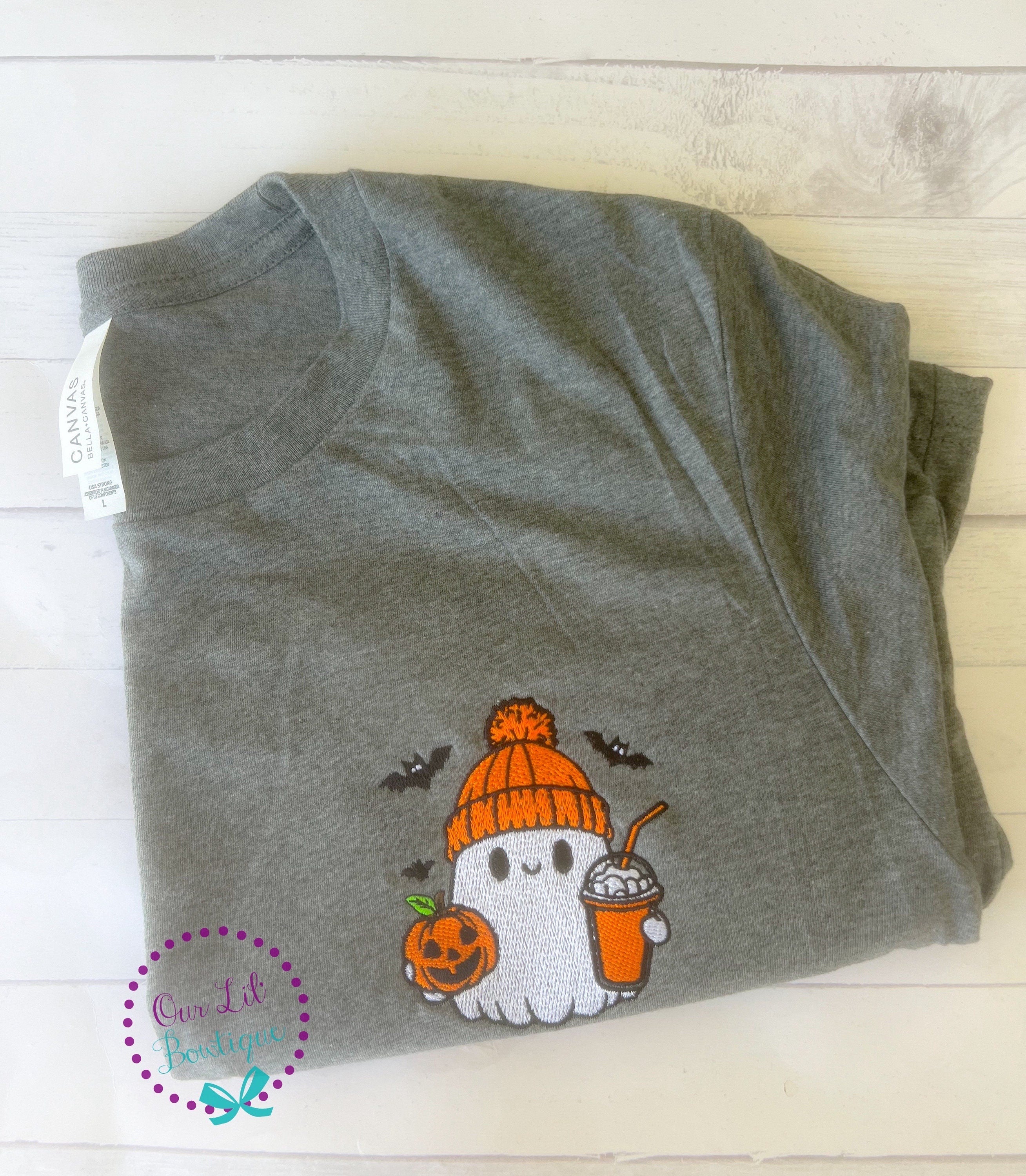Embroidered Ghost with Coffee T-Shirt - Halloween Fall Tee