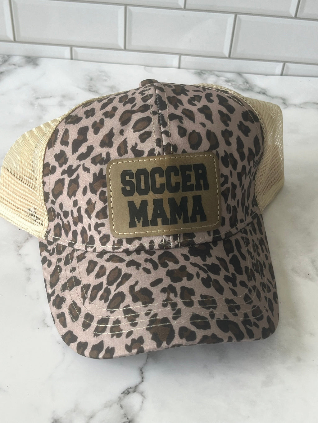 Mama Baseball Hat - Personalized Hat - Trucker Hat - Leather Patch - Fathers Day Gift - Custom Hat - Leopard Hat - Ponytail Cap