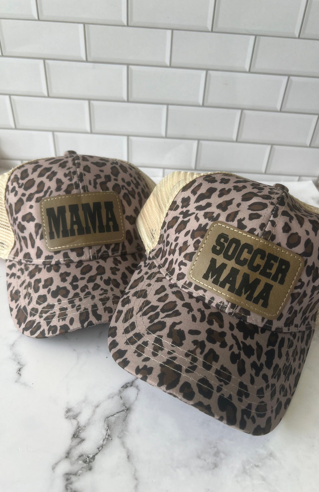 Mama Baseball Hat - Personalized Hat - Trucker Hat - Leather Patch - Fathers Day Gift - Custom Hat - Leopard Hat - Ponytail Cap