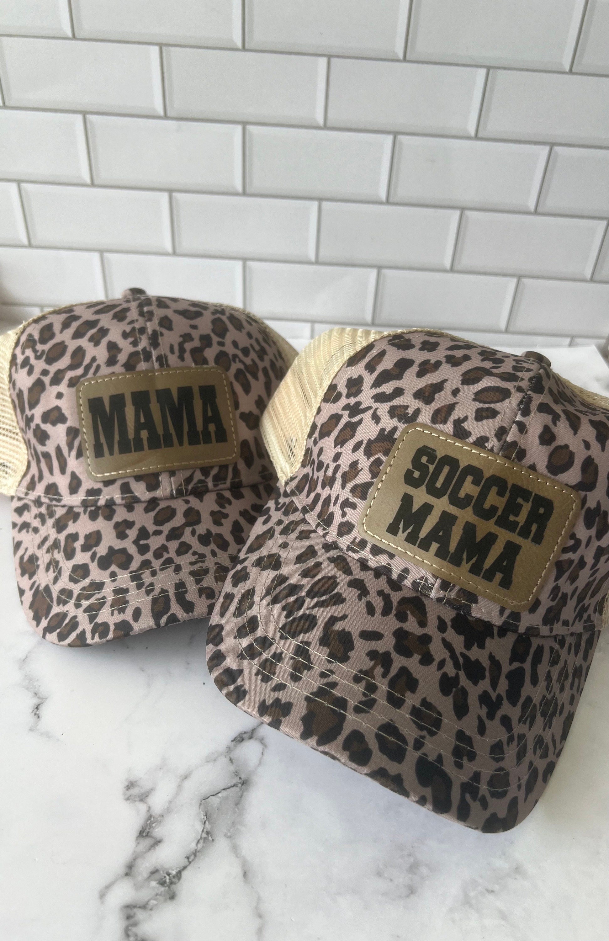 Mama Baseball Hat - Personalized Hat - Trucker Hat - Leather Patch - Fathers Day Gift - Custom Hat - Leopard Hat - Ponytail Cap