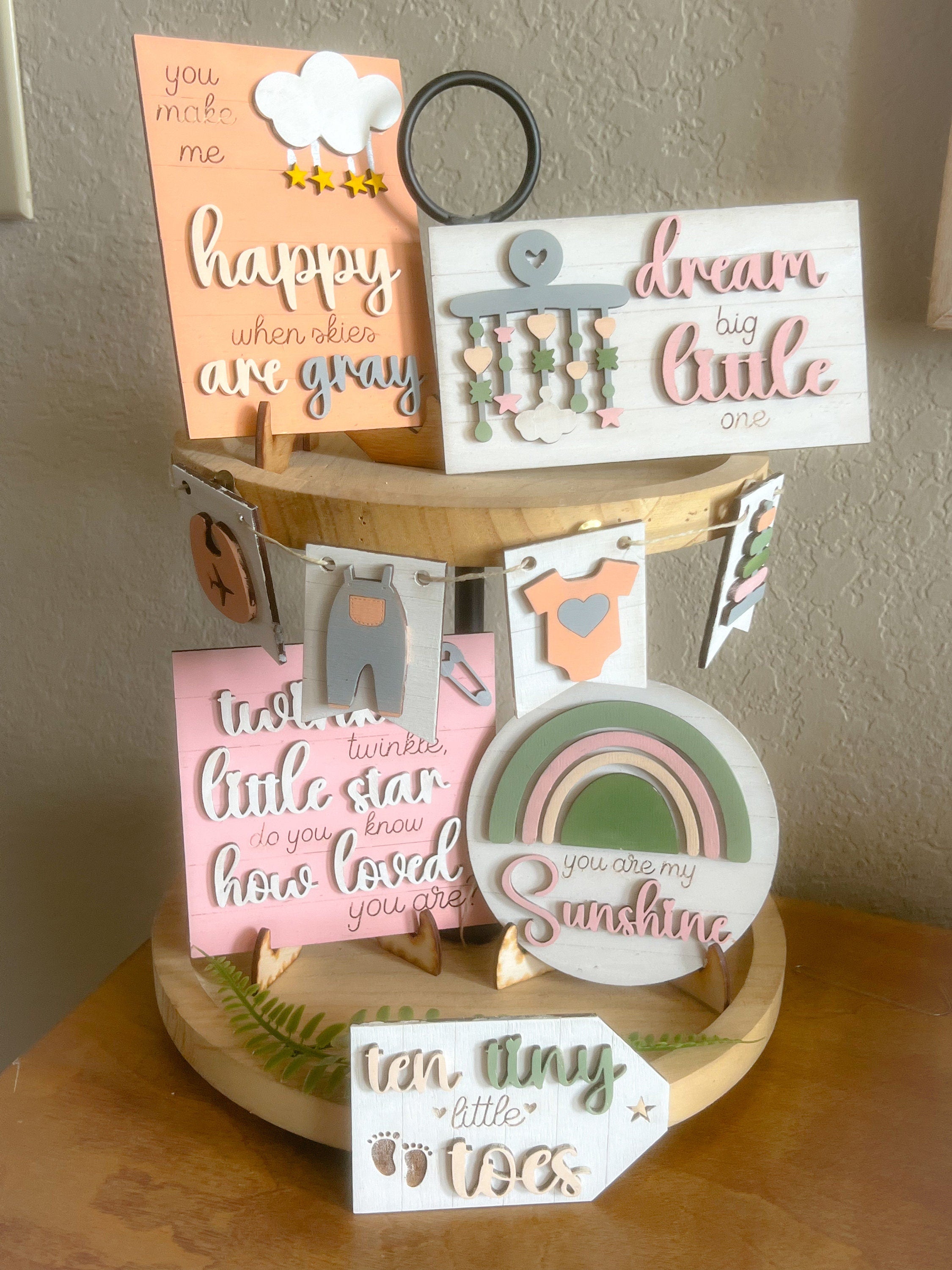 New Baby Tier Tray Decor - Baby Shower Decor - Baby Girl Nursey Decor- Farmhouse Decor - Girls Bedroom Decor -Nursery Rhymes