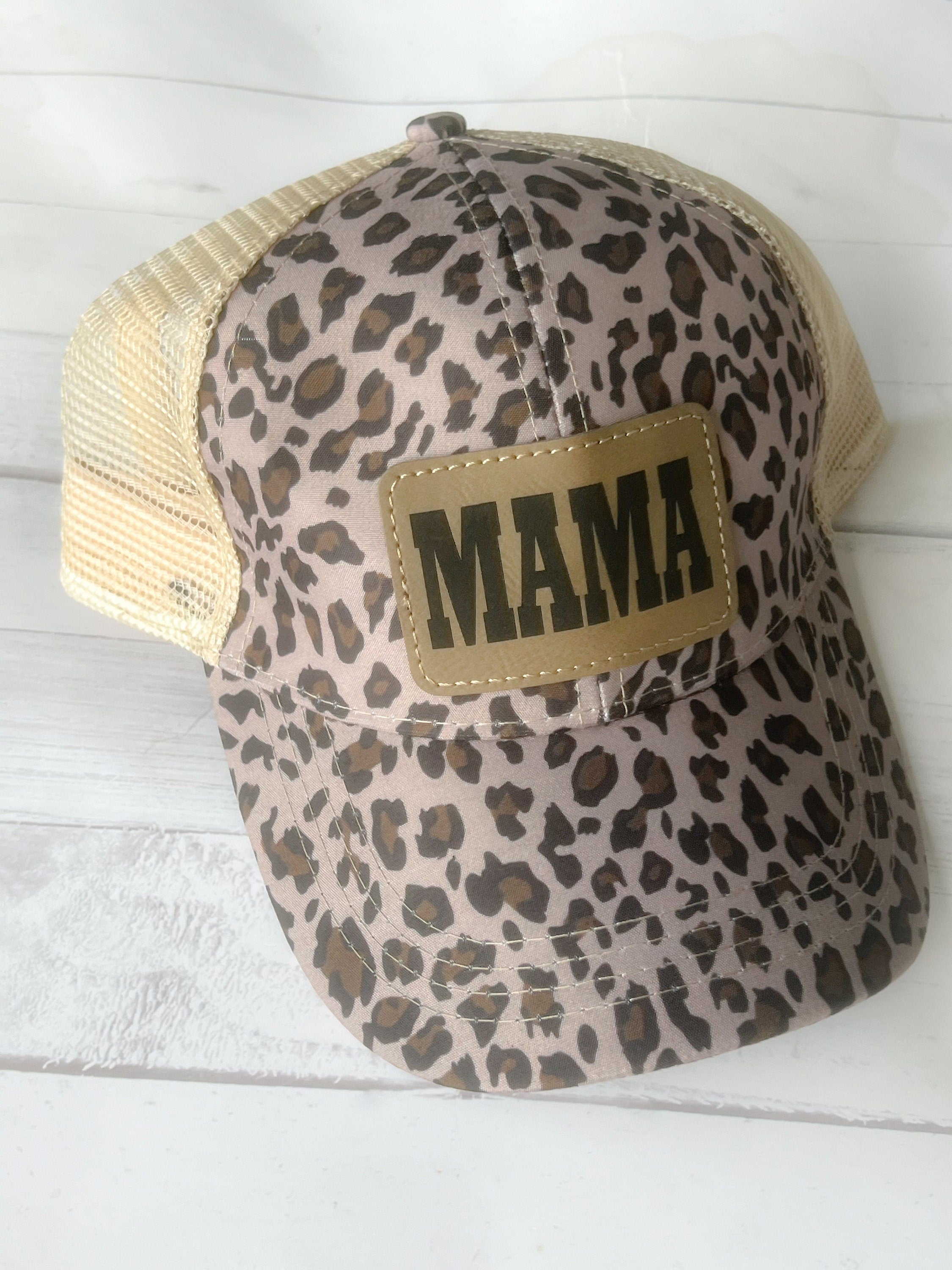Mama Baseball Hat - Personalized Hat - Trucker Hat - Leather Patch - Fathers Day Gift - Custom Hat - Leopard Hat - Ponytail Cap