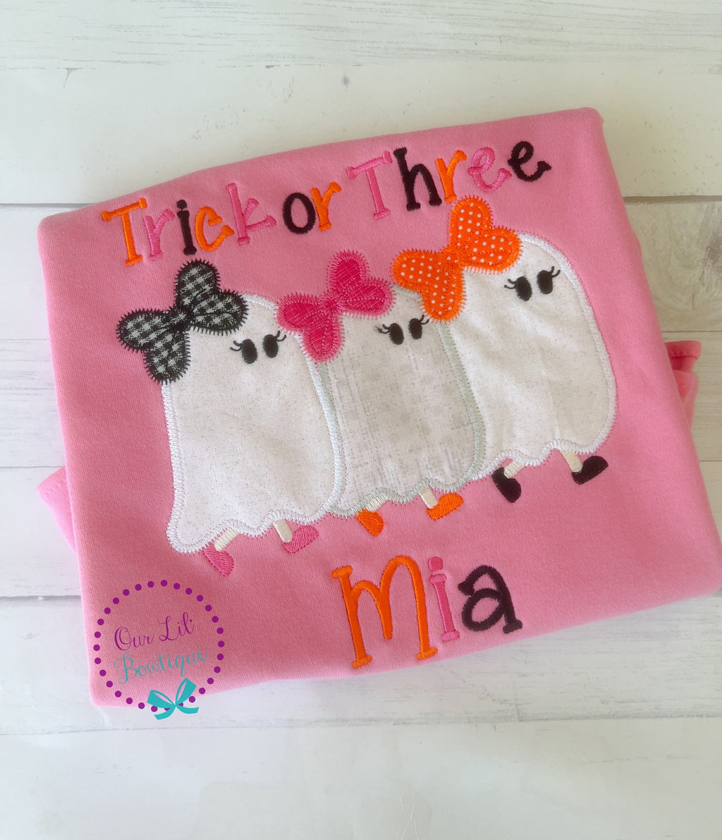 Trick or Three Birthday Shirt: Girls Ghost Applique Halloween Tee