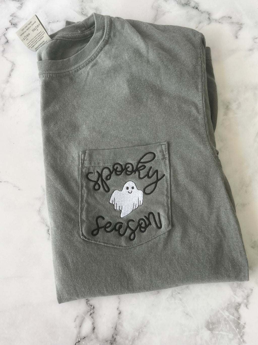 Spooky Season Ghost Tee: Comfort Colors Pocket T-Shirt