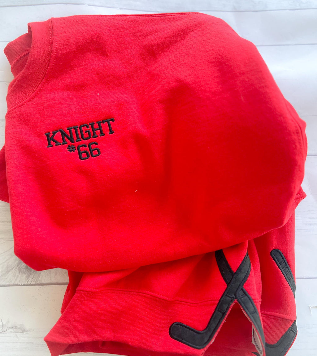 Embroidered Hockey Sweatshirt: Side Seam Applique, Personalized Monogram