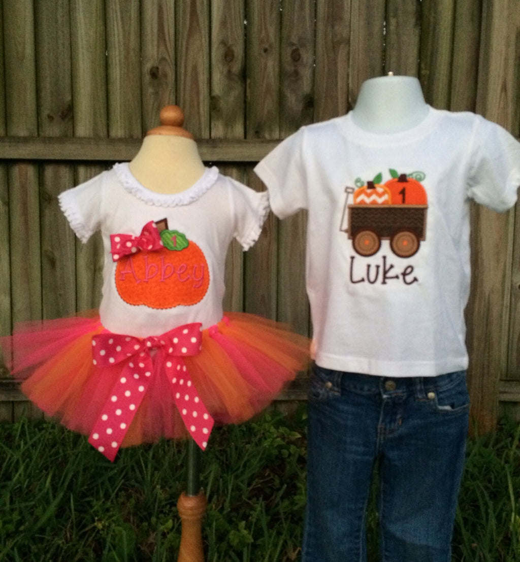 Embroidered Pumpkin Wagon Shirt: Personalized Boys Fall Tee