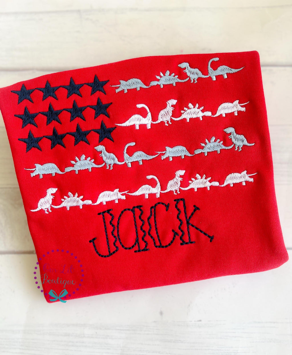Embroidered Dinosaur Flag Shirt: Personalized 4th of July Patriotic Tee