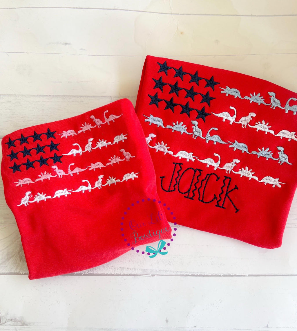 Embroidered Dinosaur Flag Shirt: Personalized 4th of July Patriotic Tee