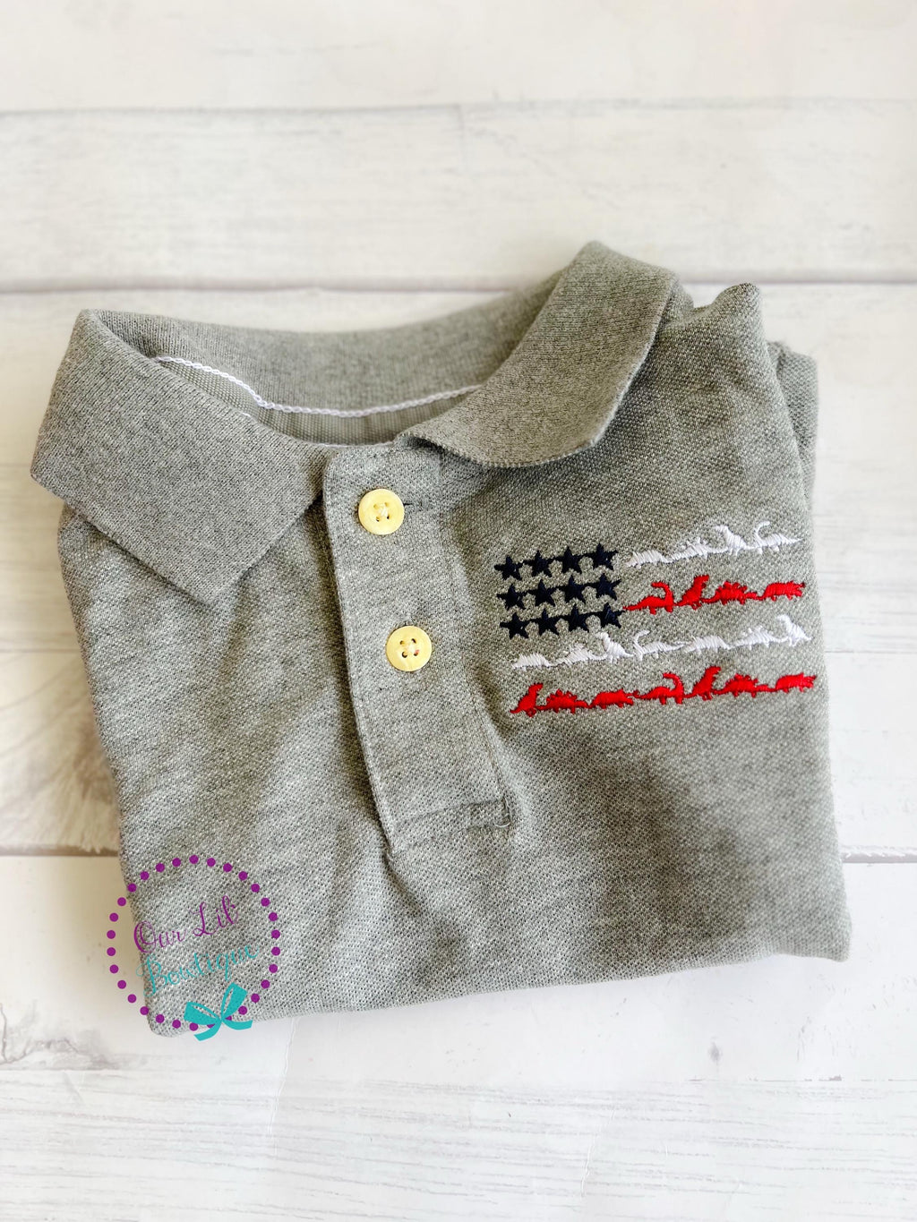 Embroidered Dinosaur Flag Polo: Patriotic Monogram Shirt