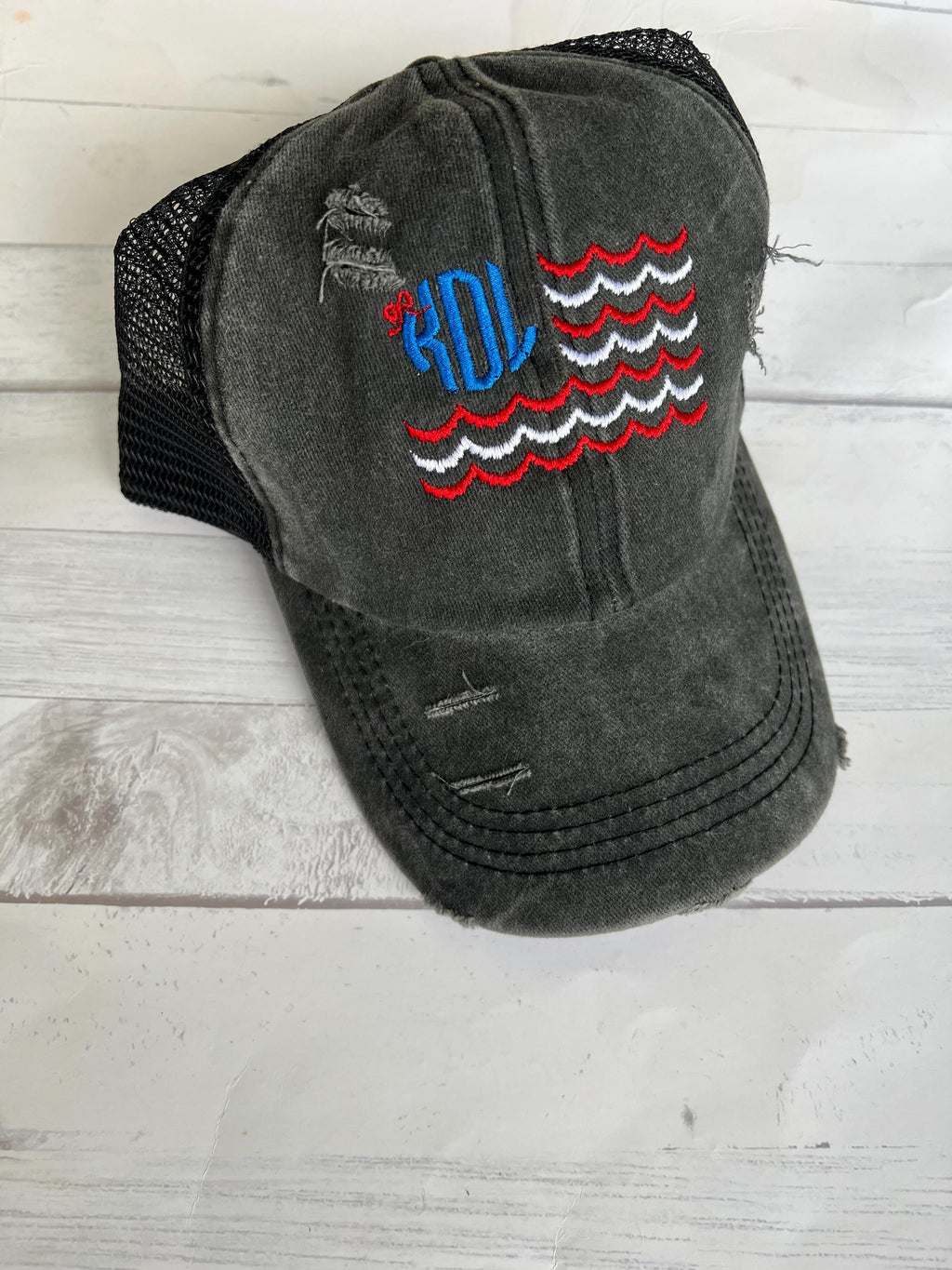 Flag Monogram Baseball Hat: Personalized Women's Ponytail Cap