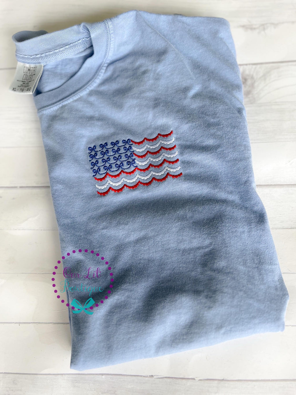 Flag Embroidered Tee - Comfort Colors Monogrammed Patriotic T-Shirt - Women’s Patriotic Tee - 4th of July