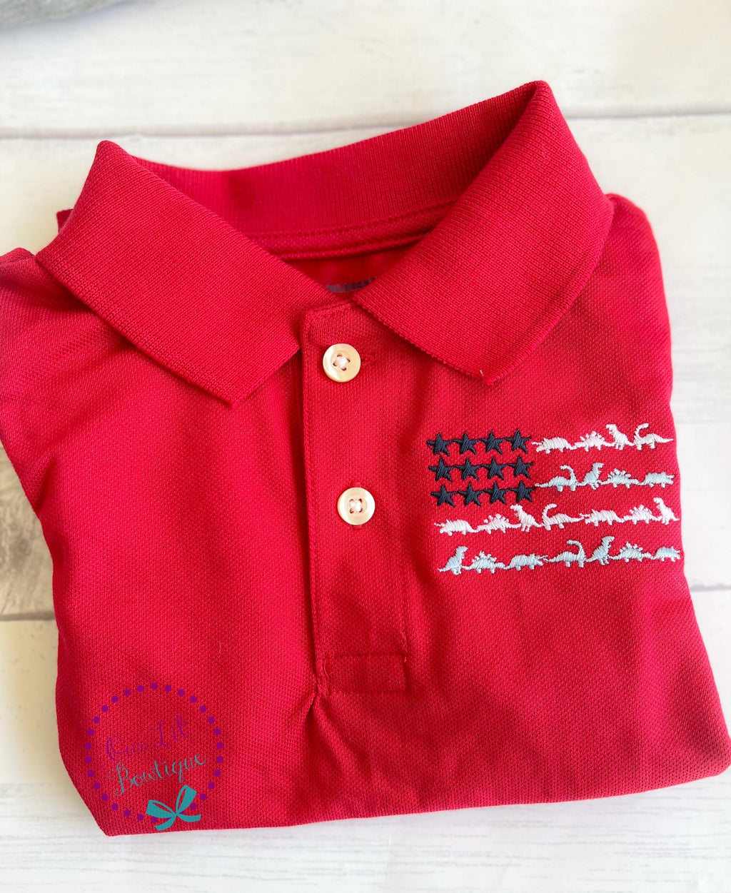 Embroidered Dinosaur Flag Polo: Patriotic Monogram Shirt