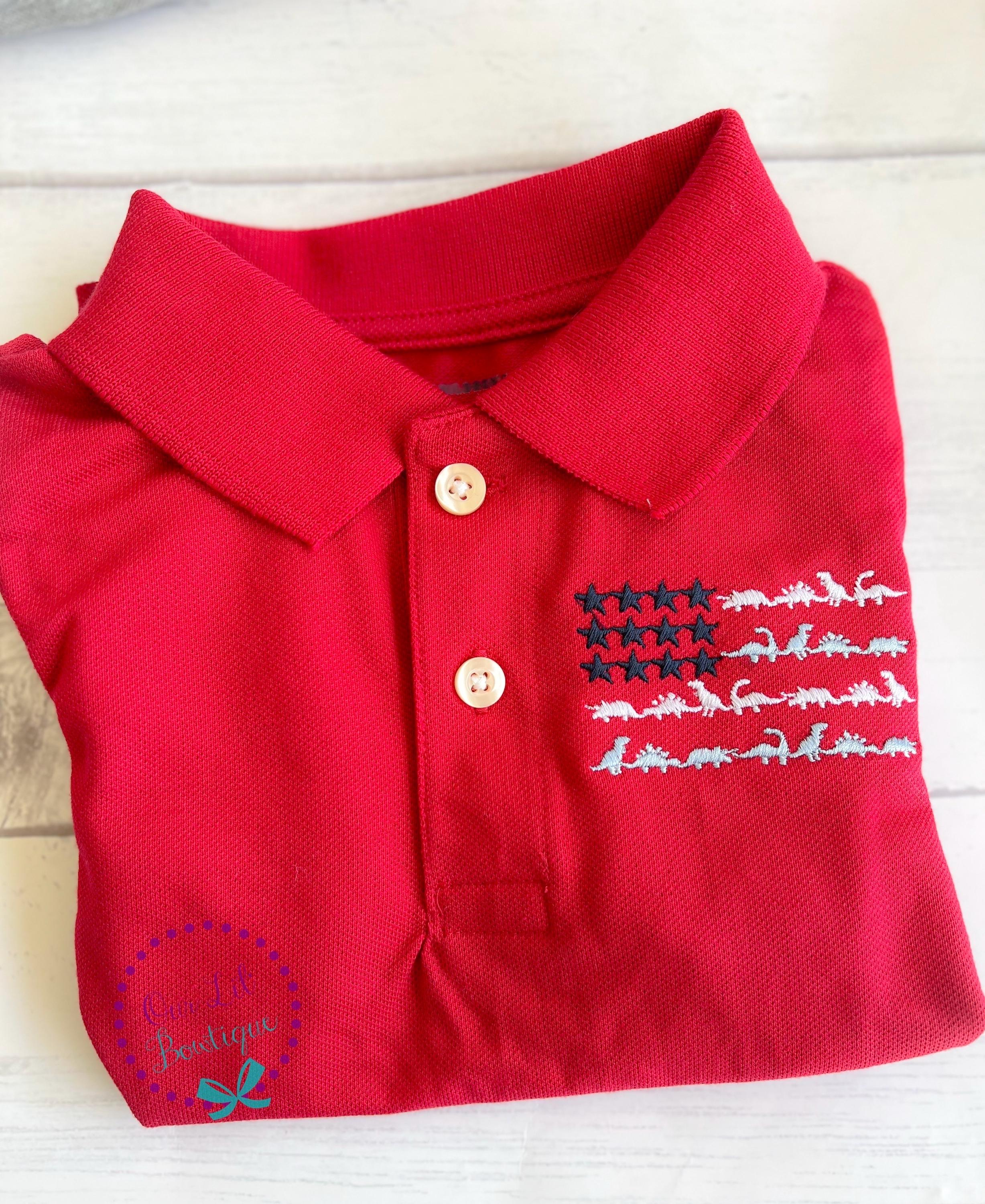 Embroidered Dinosaur Flag Polo: Patriotic Monogram Shirt