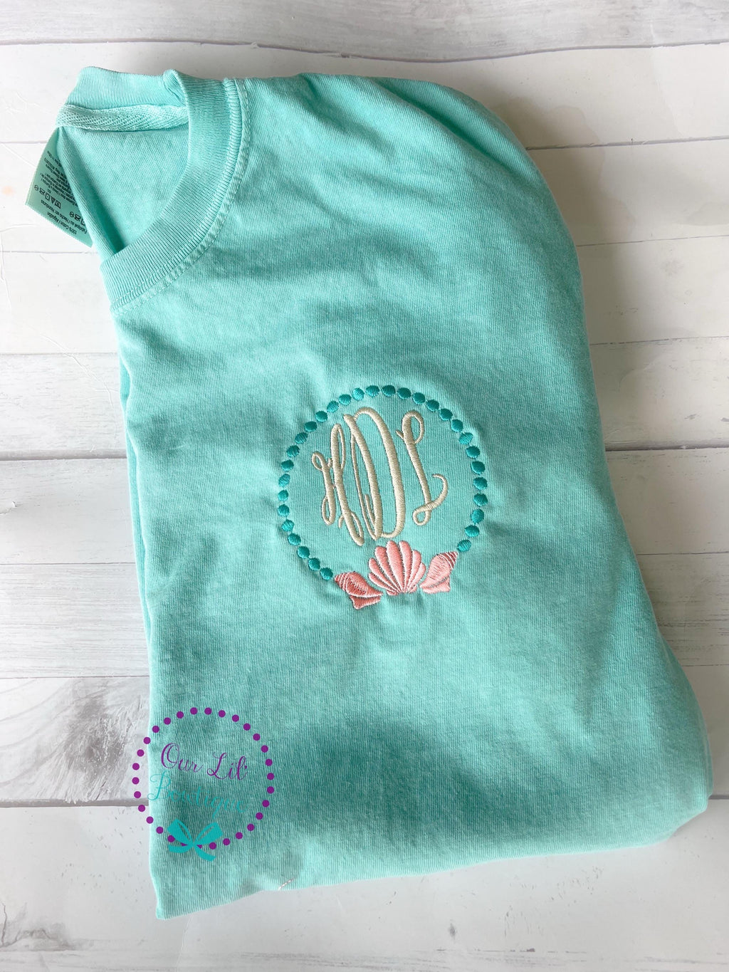 Seashell Monogram Comfort Colors Tee: Women's Pocket T-Shirt