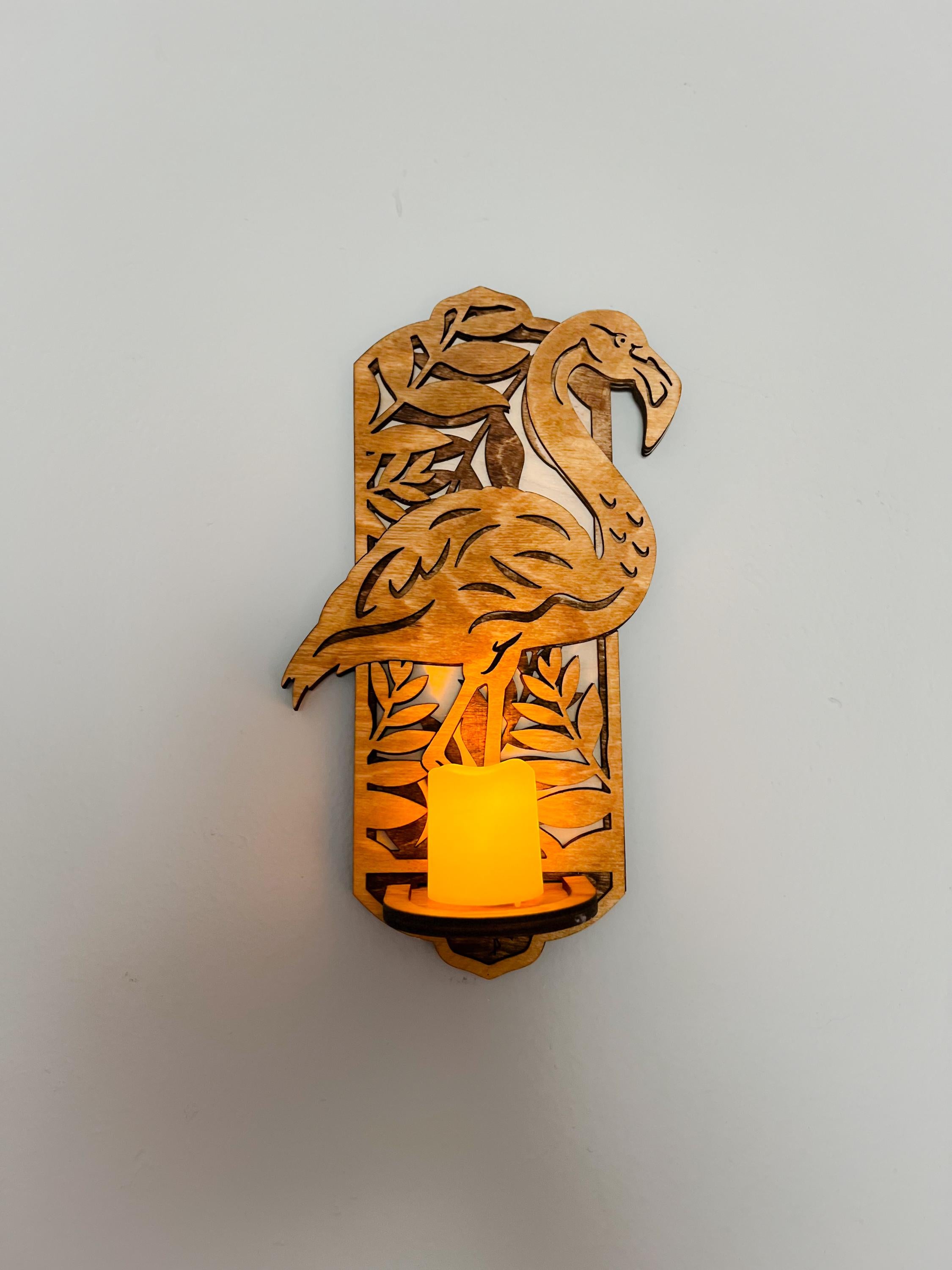 Wood Sconce - Flamingo Sconce - Candle - Laser Cut Sconce - Wooden Wall Sconce - 3D Laser Cut Sconce - Flamingo Decor