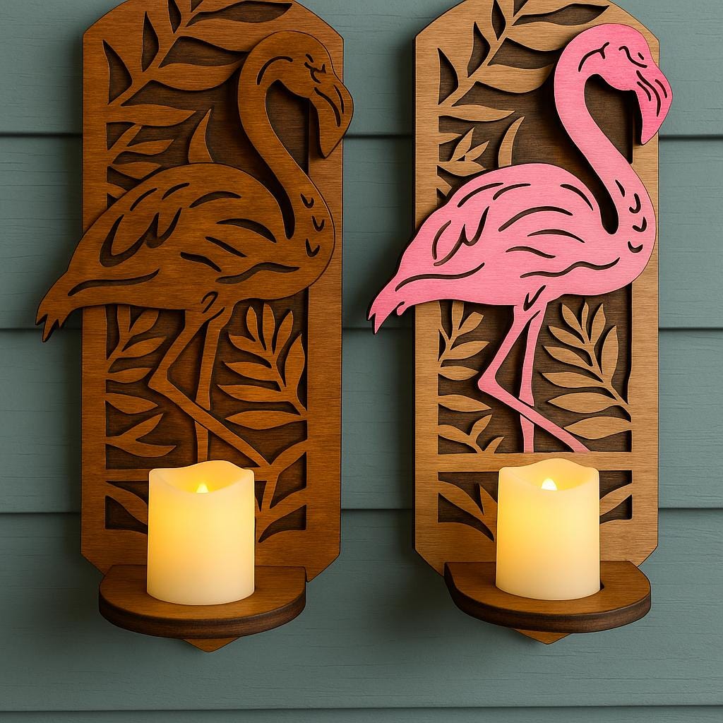 Wood Sconce - Flamingo Sconce - Candle - Laser Cut Sconce - Wooden Wall Sconce - 3D Laser Cut Sconce - Flamingo Decor