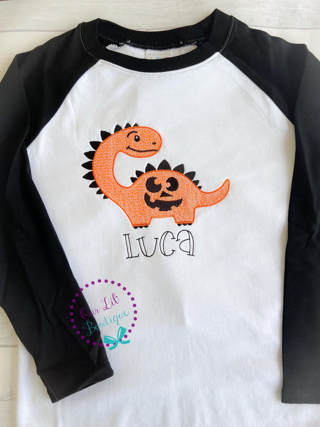 Boys Halloween Shirt - Dinosaur Shirt - Dinosaur Halloween Shirt -Halloween Shirt - Dinosaur Applique - Dinosaur - Pumpkin - Raglan