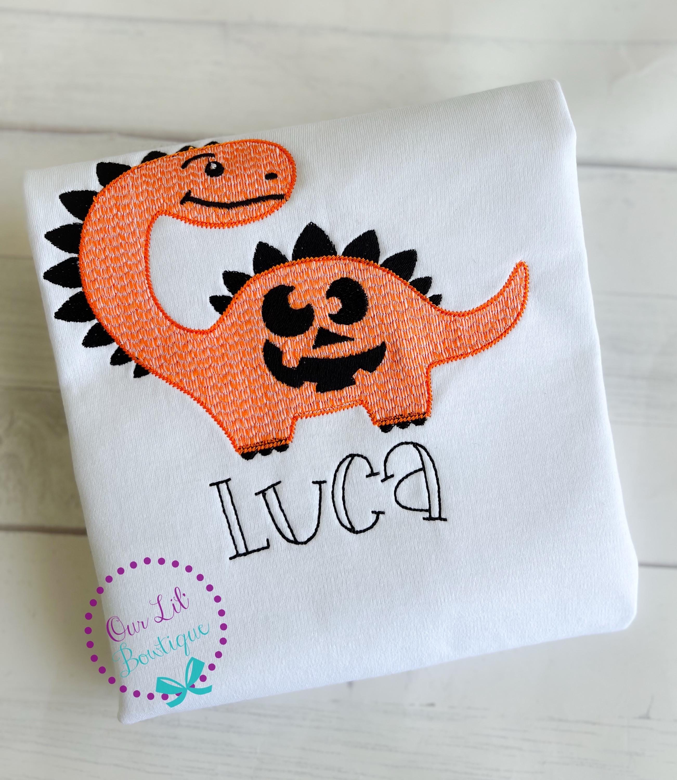 Boys Halloween Shirt - Dinosaur Shirt - Dinosaur Halloween Shirt -Halloween Shirt - Dinosaur Applique - Dinosaur - Pumpkin - Raglan