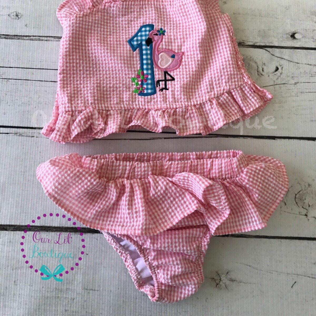 Flamingo Bathing Suit - Monogrammed Seersucker Bathing Suit - Bathing Suit - Flamingo Bathing Suit - Gingham - One in the Sun