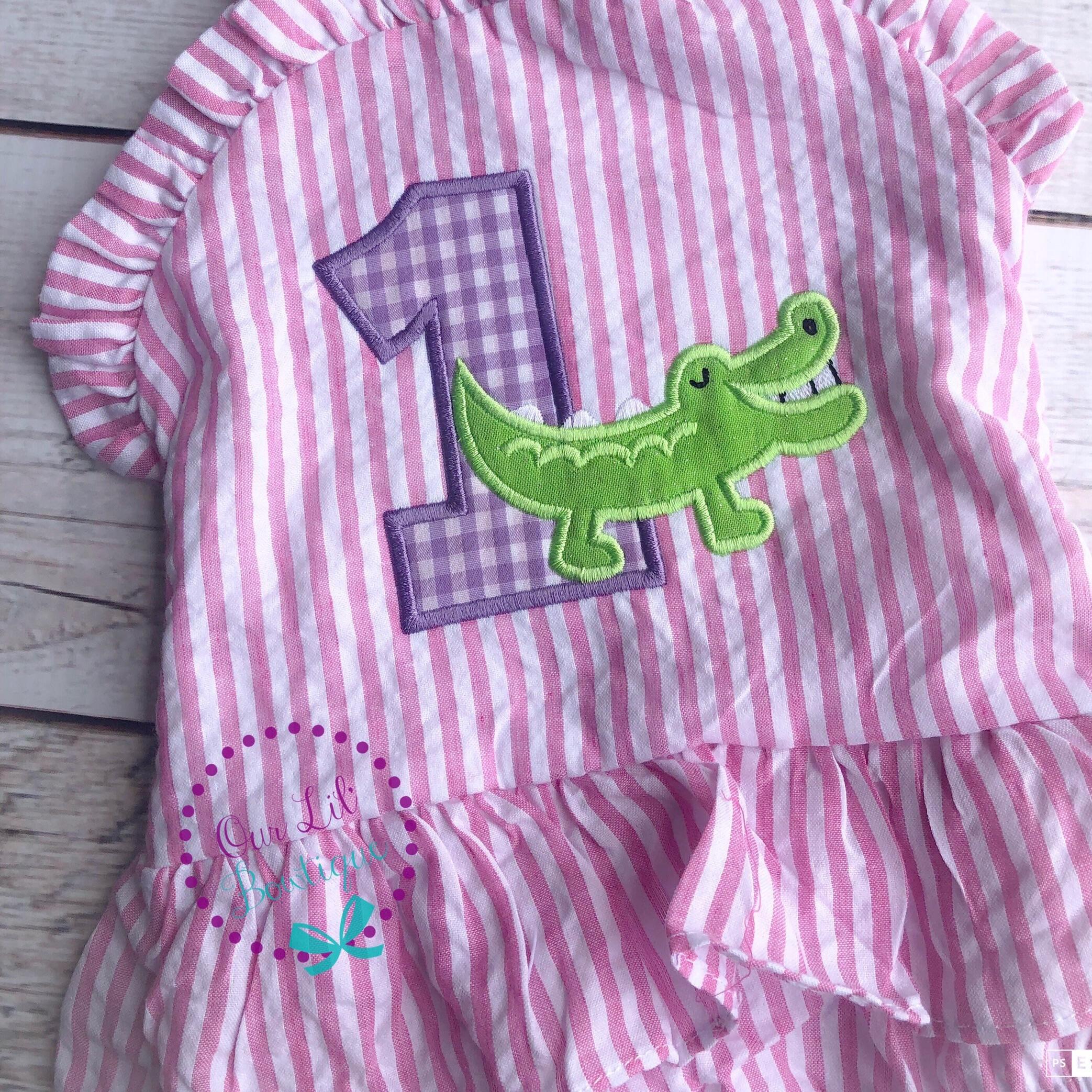 Monogrammed Alligator Seersucker Bathing Suit - Baby Toddler