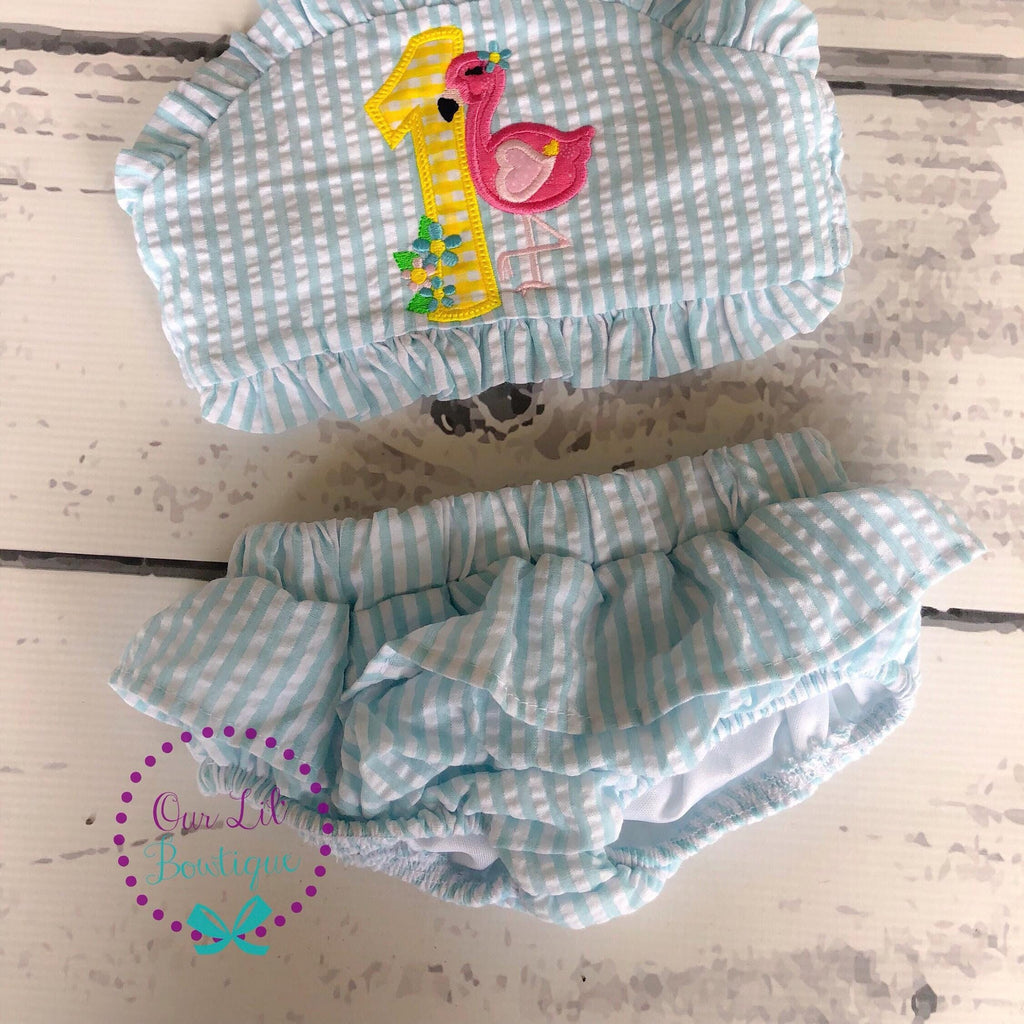 Flamingo Bathing Suit - Monogrammed Seersucker Bathing Suit - Bathing Suit - Flamingo Bathing Suit - Gingham - One in the Sun