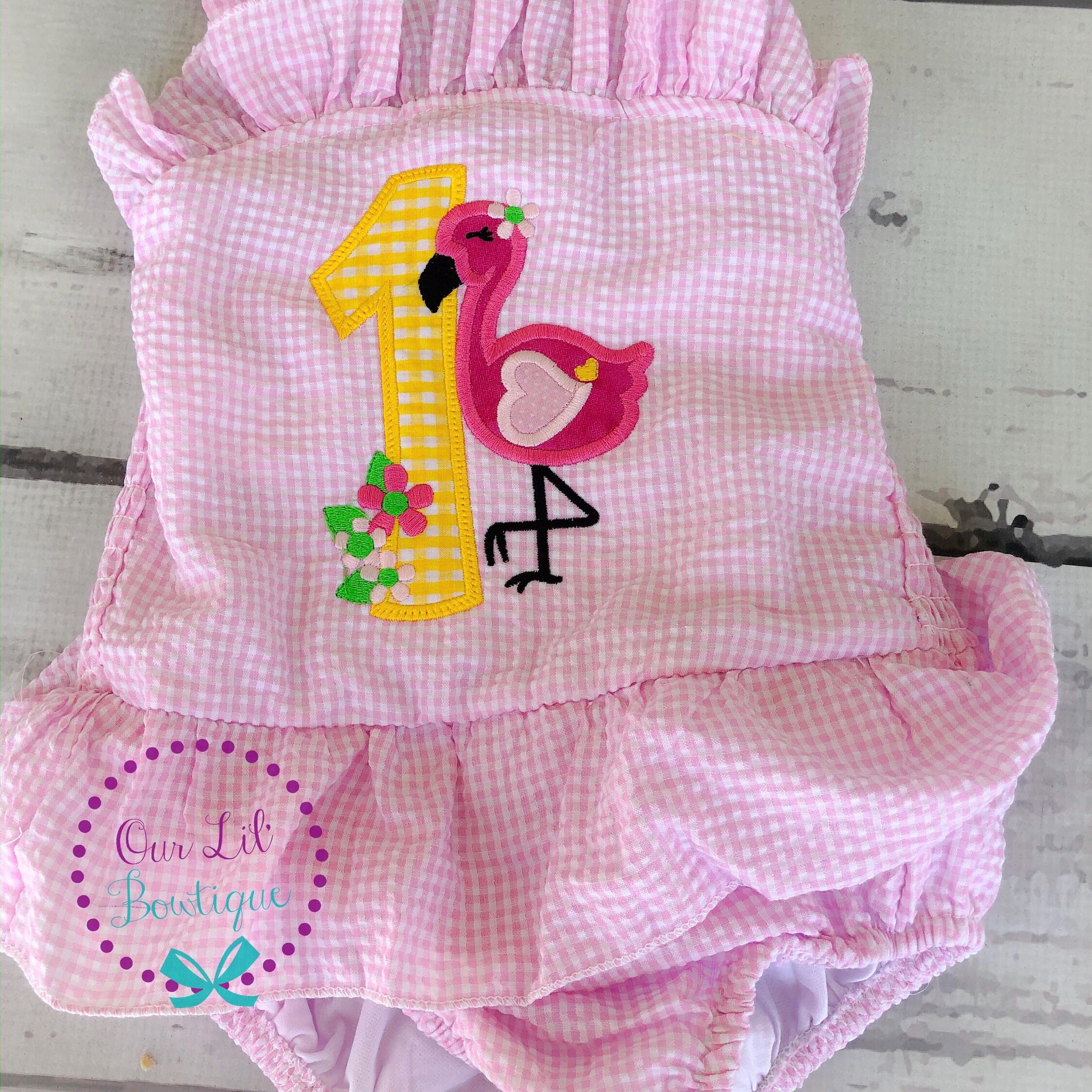 Flamingo Bathing Suit - Monogrammed Seersucker Bathing Suit - Bathing Suit - Flamingo Bathing Suit - Gingham - One in the Sun