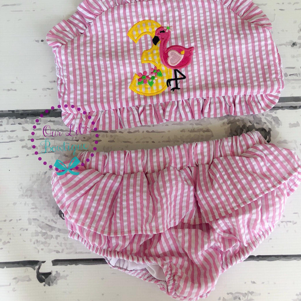 Flamingo Bathing Suit - Monogrammed Seersucker Bathing Suit - Bathing Suit - Flamingo Bathing Suit - Gingham - One in the Sun