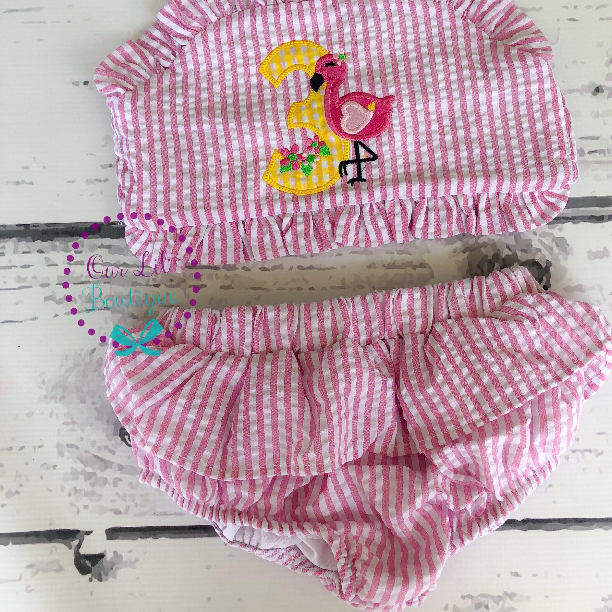 Flamingo Bathing Suit - Monogrammed Seersucker Bathing Suit - Bathing Suit - Flamingo Bathing Suit - Gingham - One in the Sun