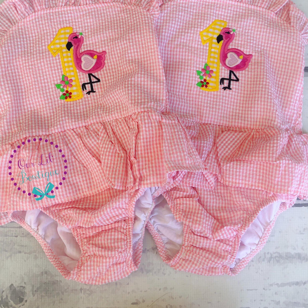 Flamingo Bathing Suit - Monogrammed Seersucker Bathing Suit - Bathing Suit - Flamingo Bathing Suit - Gingham - One in the Sun