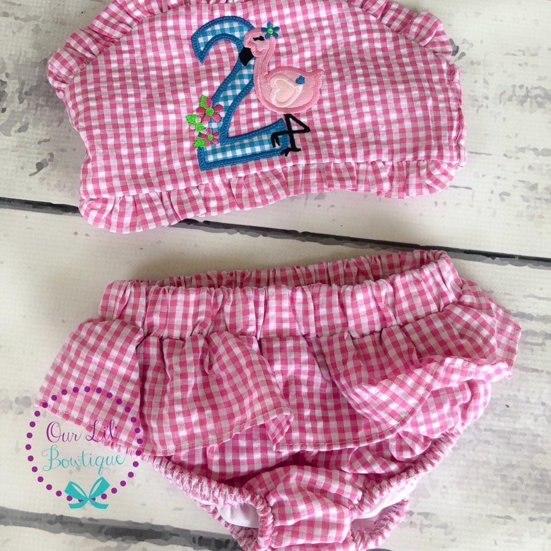Flamingo Bathing Suit - Monogrammed Seersucker Bathing Suit - Bathing Suit - Flamingo Bathing Suit - Gingham - One in the Sun