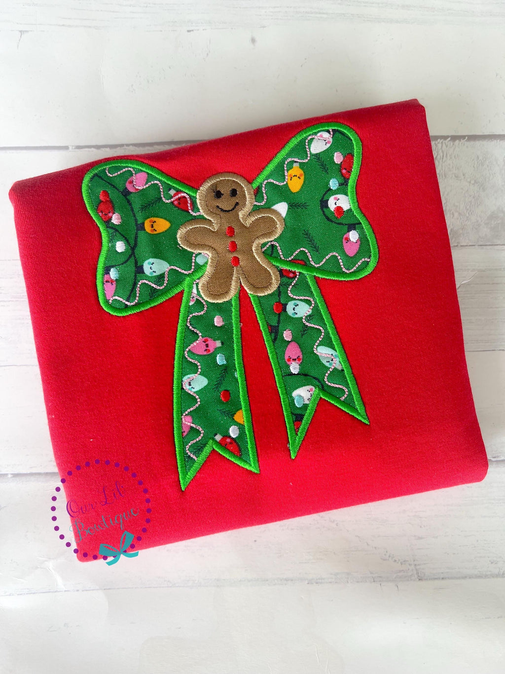 Gingerbread Bow Christmas Applique Shirt - Personalized Girls Holiday Tee