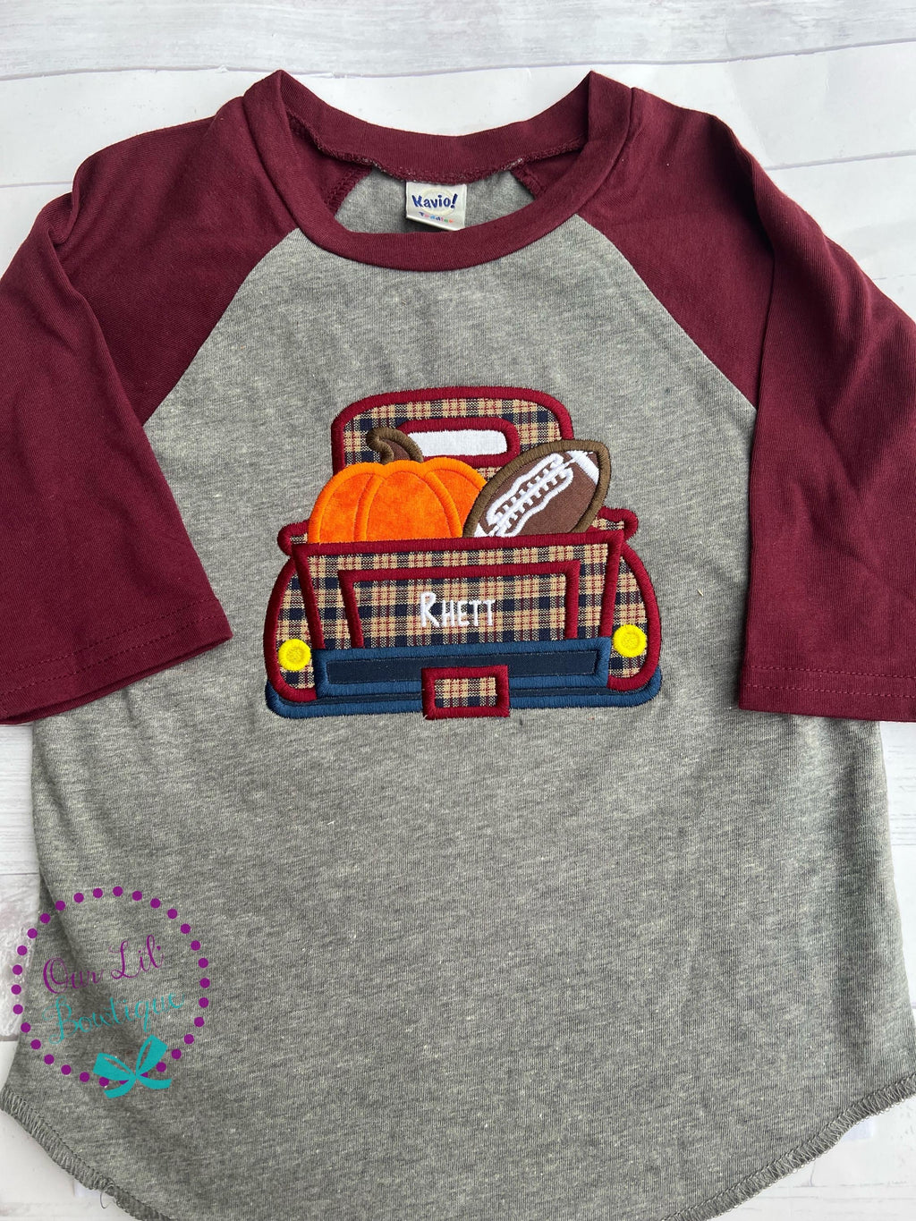Personalized Fall Truck Raglan Shirt: Halloween Football Applique