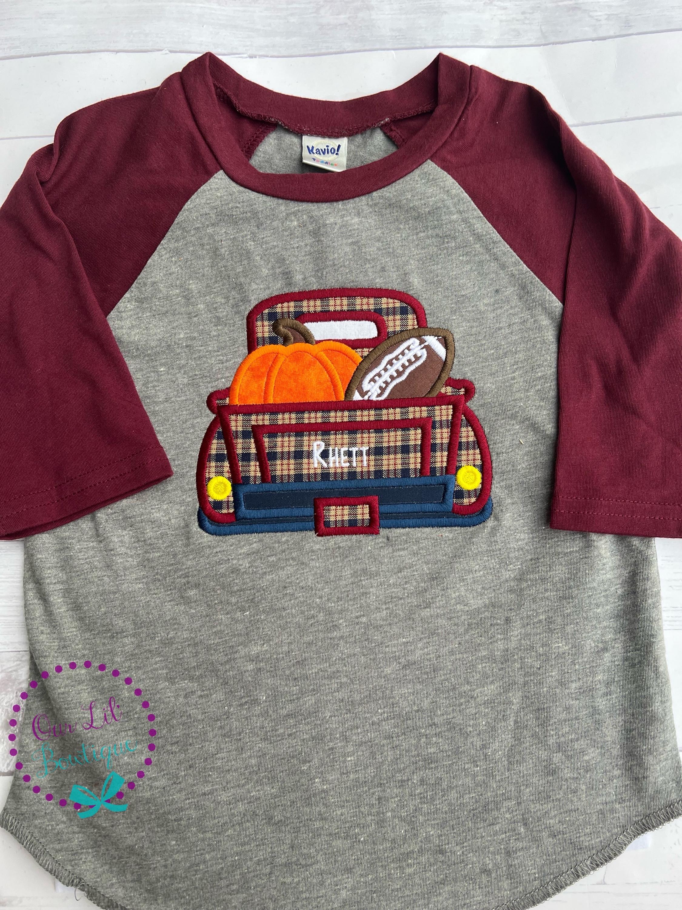 Personalized Fall Truck Raglan Shirt: Halloween Football Applique