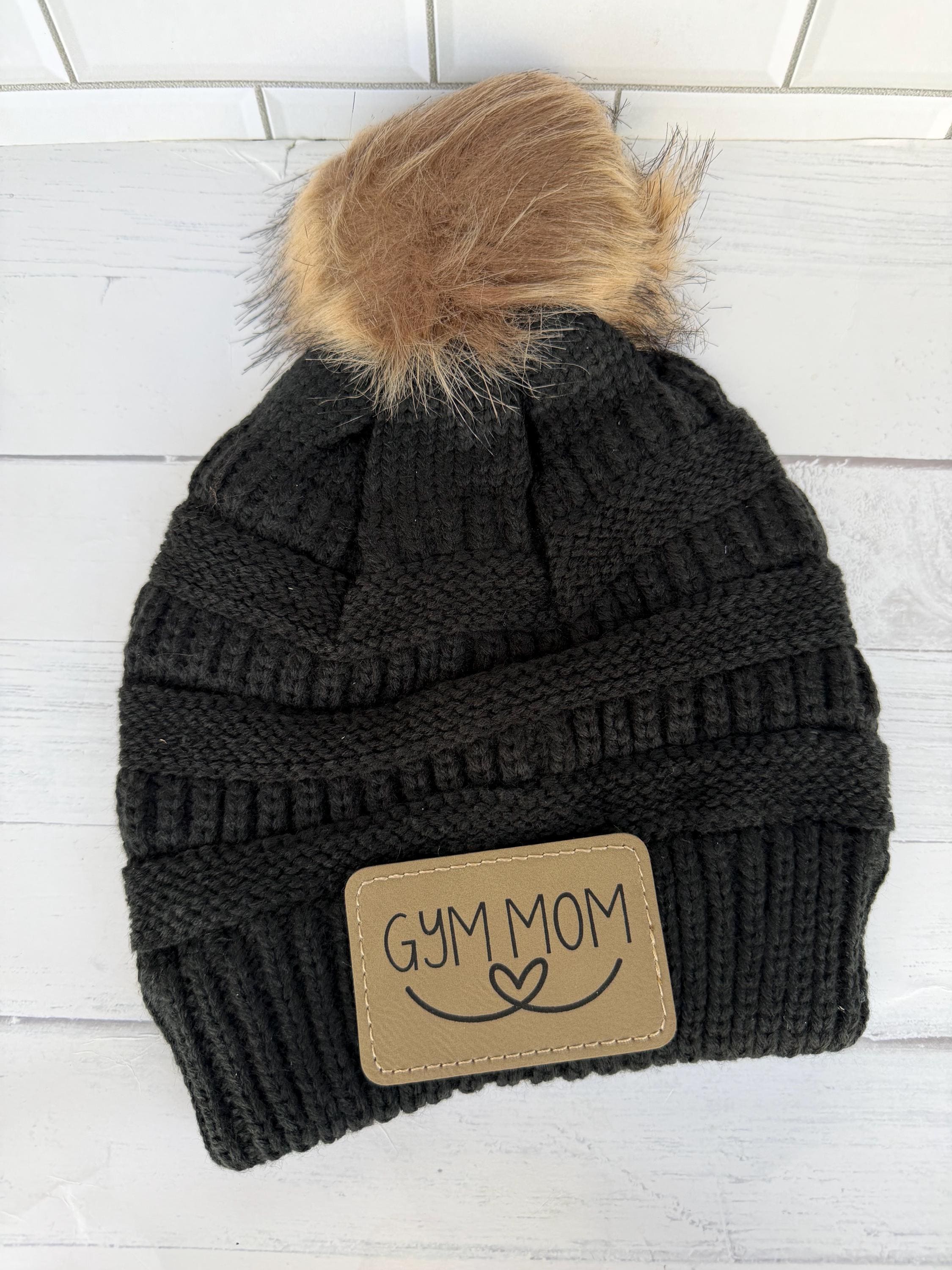 Personalized Beanie - Kids Beanie - Leather Patch - Gymnastics - Engraved Matching Beanie - Faux Leather Patch - Girls Pom Pom Beanie
